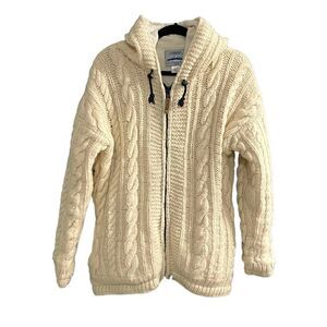 ARK IMPORTS Nepal Cable Knit Wool Zip Front Fleece Lined Cardigan Jacket Cream M